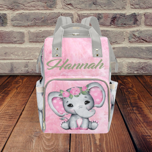 Pink and Grey Flower Elephant Diaper Bag