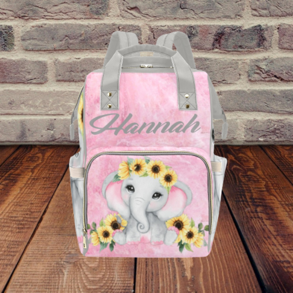 Customized Multi Function Diaper Backpack Diaper Bag Pink Grey Sunflower Elephant