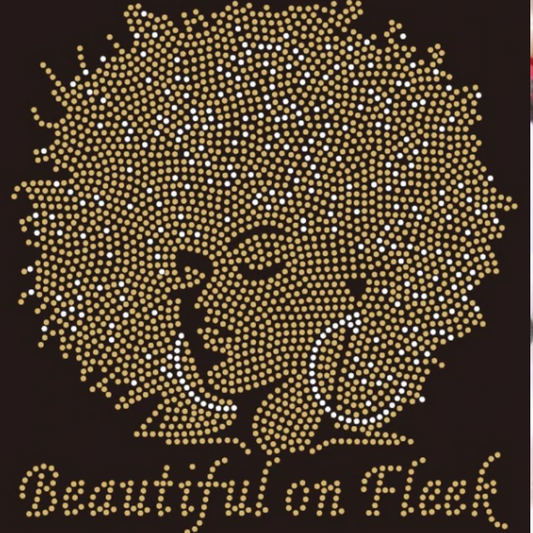 Gold and Clear Rhinestone tshirt, afro woman, words Beautiful on Fleek