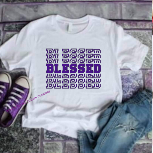 Tshirt with word Blessed mirrored and repeating on shirt