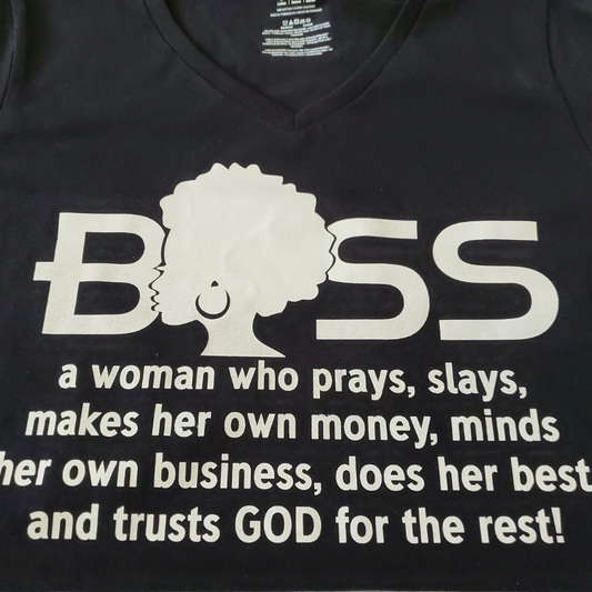 Tshirt with Boss woman and definition in white letters
