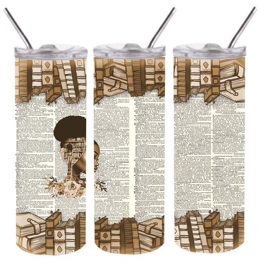 20oz skinny tumbler of african american girl with books