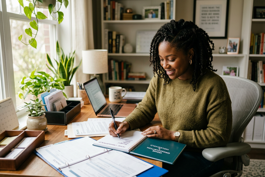 woman organizing important household information in a notebook