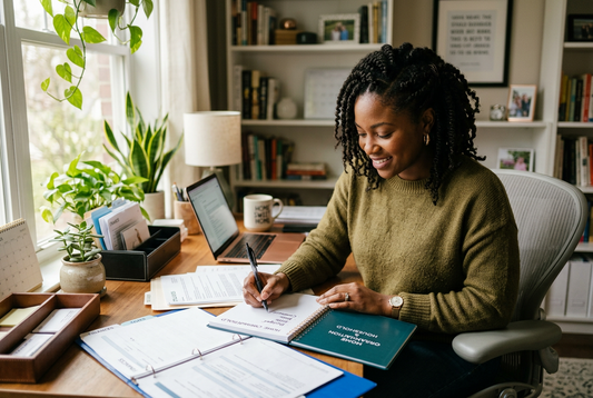 woman organizing important household information in a notebook