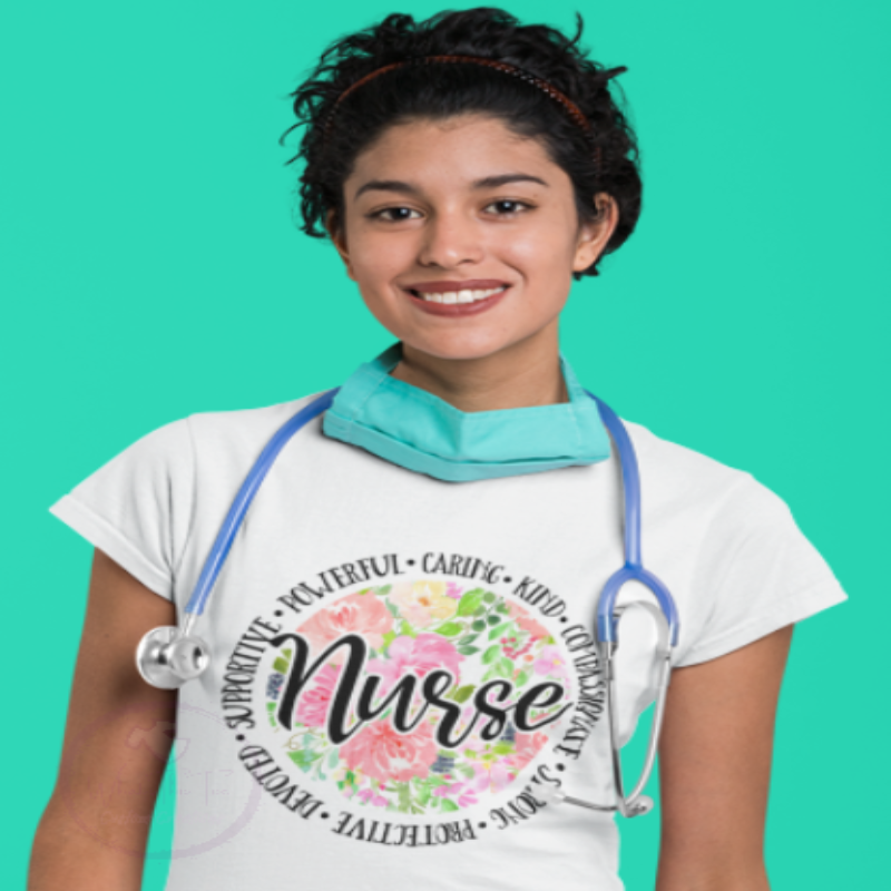Nurse tshirt with floral design and descriptive words about nurses