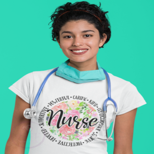 Nurse tshirt with floral design and descriptive words about nurses