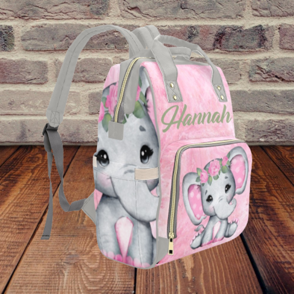 Pink and Grey Flower Elephant Diaper Bag