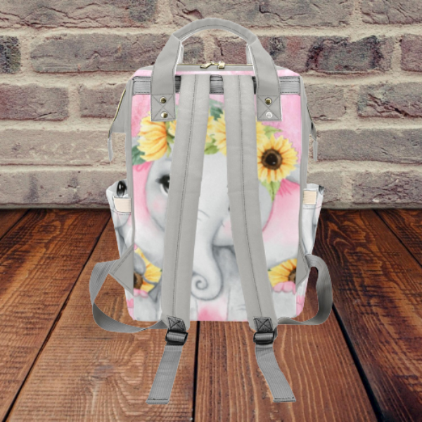 Pink and Gray Sunflower Elephant Diaper Bag
