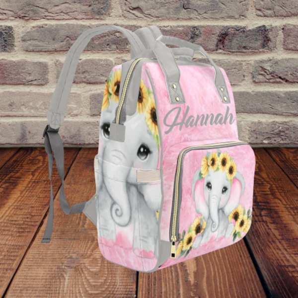Pink and Gray Sunflower Elephant Diaper Bag