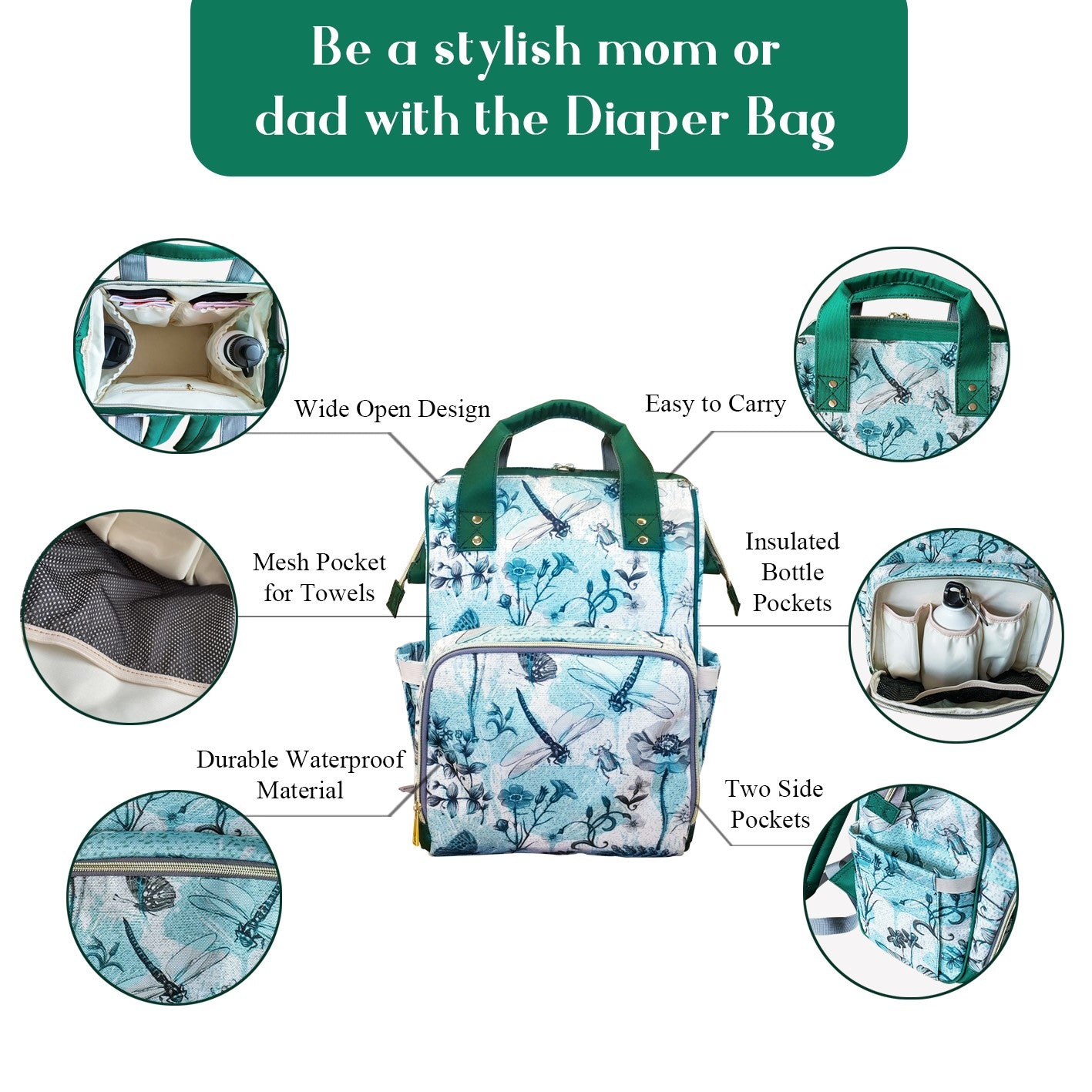 Customized Multi-Function Diaper Backpack/Diaper Bag (Pink/Grey Flower Elephant)