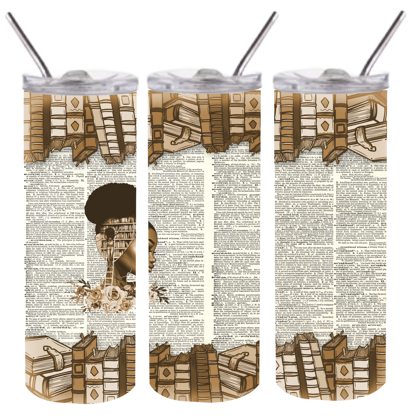 20oz skinny tumbler of african american girl with books